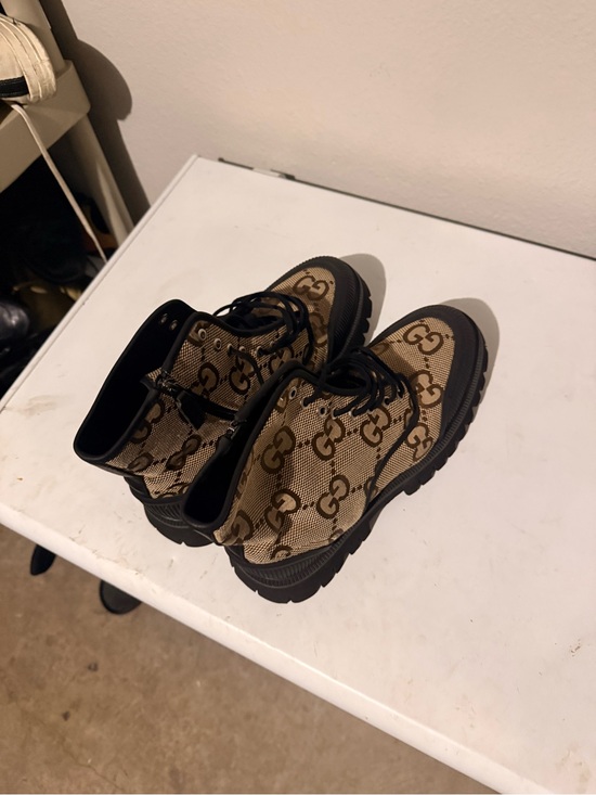 Gucci Beige and Black Monogram Lace-Up Boots main image 7